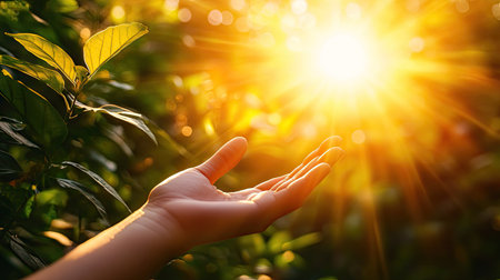 A contemplative image of a hand reaching out in a moment of meditation, with sunlight streaming through, evoking feelings of peace and connection with the natural world.の素材