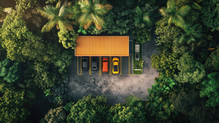 A captivating aerial view of a gas station surrounded by lush landscapes, with cars parked and refueling, illustrating the intersection of nature and convenience.の素材
