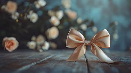 A beautifully crafted satin ribbon bow placed on a vintage wooden table, with a blurred background of flowers and soft lighting enhancing its charm.の素材