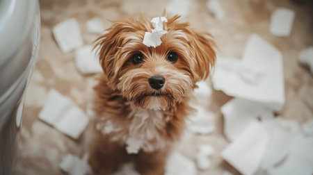 Playful puppy with bits of pillow fluff in its fur, surrounded by a mess of toilet paper, capturing the joy and chaos of pet life.の素材