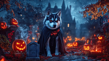 Husky dressed as Dracula, standing proudly beside a spooky gravestone, with a backdrop of a starry night sky and Halloween decorations.の素材