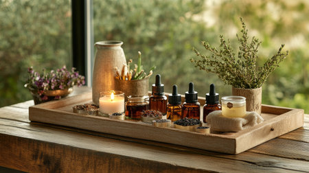 A beautifully arranged spa treatment display with herbal teas, scented candles, and a collection of essential oils on a wooden tray, inviting relaxation.の素材