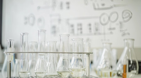 A close-up of laboratory glassware, including a pipette and test tube rack, set against a white background with chemical formulas drawn in the background.の素材