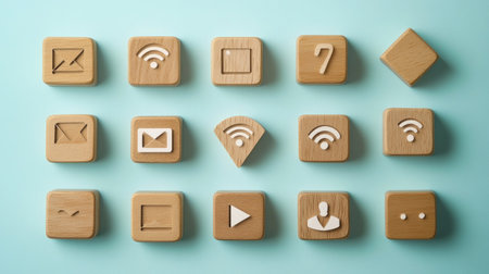 A collection of wooden blocks representing virtual education icons, such as Wi-Fi, video calls, and certificates, placed on a light blue surface.の素材