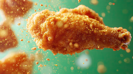 A close-up of a golden fried chicken wing mid-flight, with a burst of seasoning and crumbs scattering against a vibrant green background.の素材