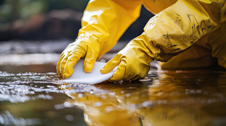 A close-up of a worker's gloved hands, in a yellow protective suit, carefully placing absorbent pads into the oil-slicked water to clean up a spill.の素材