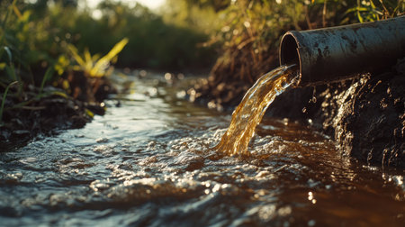 A close-up of oily water streaming from a pipe into a river, with visible pollutants, capturing the direct release of contaminants into nature.の素材