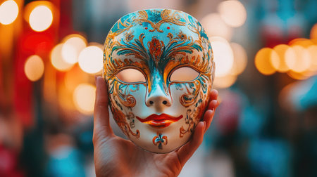 A close-up of a hand holding a beautifully decorated carnival mask against a bright, colorful background, emphasizing the details and textures of the mask.の素材
