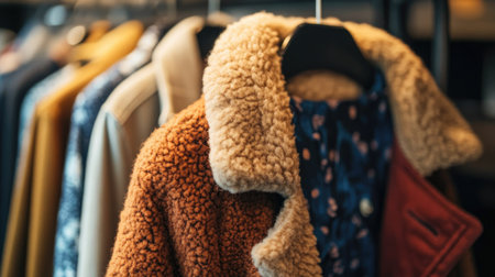 A cozy winter coat on a hanger, displayed beside light summer jackets and shirts, representing a seasonal wardrobe transition.の素材