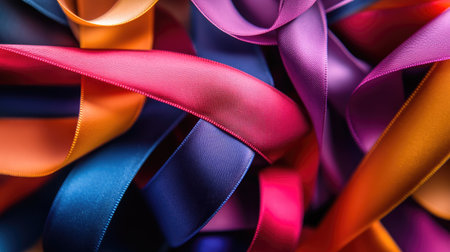 A close-up of intertwined satin ribbons in contrasting colors, creating a visually striking pattern, perfect for invitations or craft projects.の素材
