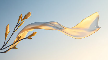 A decorative satin ribbon hanging from a branch in a soft breeze, showcasing its flowing movement and glossy texture against a clear sky.の素材