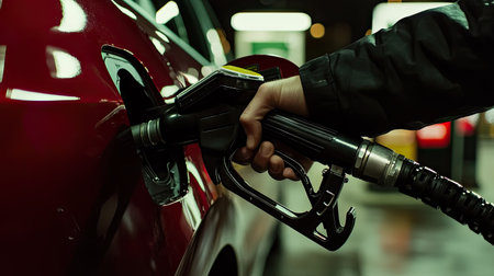 A close-up shot of a hand gripping a petrol gun, poised to refuel a shiny red car at a modern gas station, capturing the action and convenience of filling up.の素材