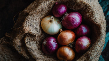 A collection of raw onions resting on a burlap sack, with some of them sliced open to reveal the vibrant layers inside.の素材