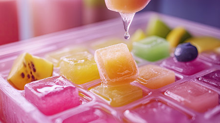 A dynamic shot of an ice cube tray being filled with a colorful smoothie mixture, emphasizing creativity and healthiness in making frozen treats.の素材