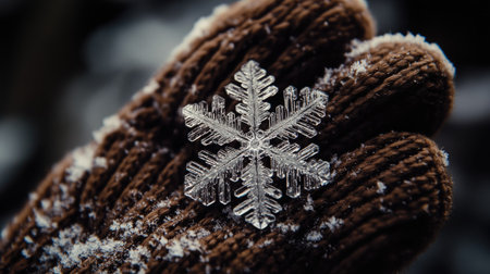 A detailed look at a single natural snowflake on a person's glove, its crystal design in perfect focus against the dark, textured fabric.の素材