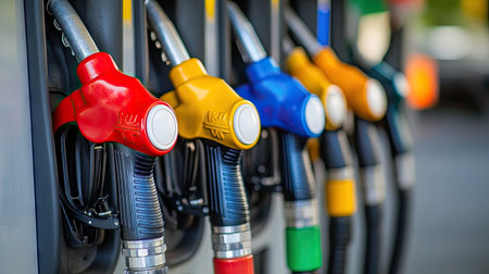 A close-up of fuel pump nozzles at a gas station, with vibrant colors indicating different fuel types, capturing the essence of modern fueling options.の素材