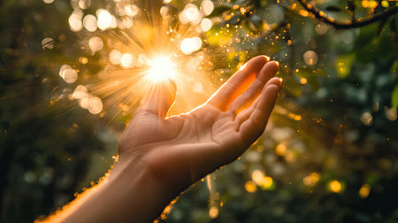 A dramatic shot of a hand reaching toward the sun with sunbeams piercing through the fingers, creating a striking visual effect that highlights the power of nature.の素材