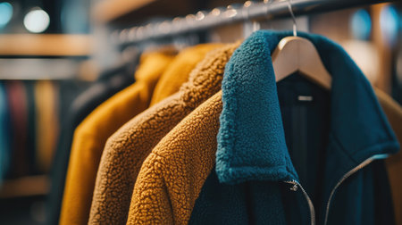 A row of jackets and coats in various colors hanging on metal hangers, with a minimalistic background in a trendy fashion store.の素材