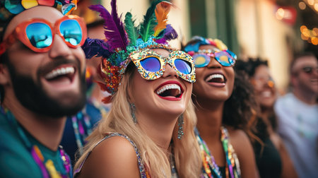 A group of friends wearing elaborate and colorful Mardi Gras masks, laughing and enjoying a lively street festival, embodying the joy and energy of the occasion.の素材