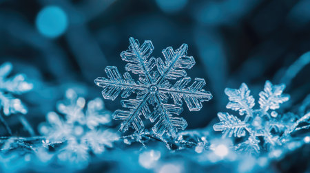 A macro photograph of several snowflakes clumped together on a frosty window, with each snowflake's details highlighted by natural light.の素材