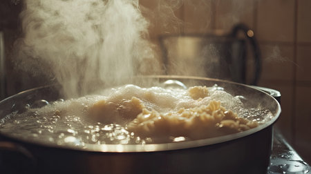 A pot of pasta boiling over, with water bubbling and steam filling the air, creating a sense of hurried cooking in a busy kitchen.の素材