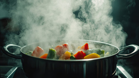 A pot of vegetables boiling on the stove, with thick steam clouding the air, capturing the lively process of cooking.の素材