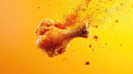 A piece of fried chicken wing suspended in motion, with a trail of spices and crumbs following, against a bright yellow-orange gradient background.の素材