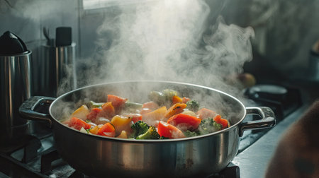 A pot of vegetables boiling on the stove, with thick steam clouding the air, capturing the lively process of cooking.の素材