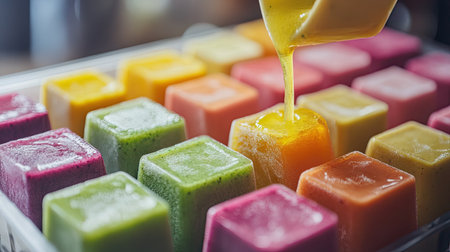A dynamic shot of an ice cube tray being filled with a colorful smoothie mixture, emphasizing creativity and healthiness in making frozen treats.の素材