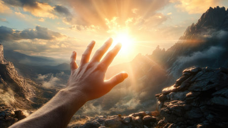 A picturesque image of a hand reaching toward the sun over a mountain landscape, with sunlight spilling over the peaks, symbolizing adventure and exploration.の素材