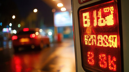 A detailed close-up of a gas station sign displaying fuel prices, with a car in the background, emphasizing the economic aspect of refueling.の素材