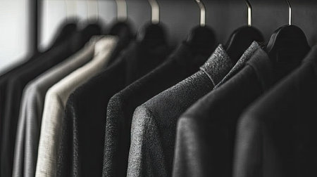 A row of minimalist black and white jackets and shirts hanging neatly on hangers, offering a monochromatic fashion vibe.の素材