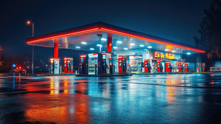 A nighttime shot of a gas station illuminated with bright lights, highlighting the contrast between the darkness and the vibrant colors of the pumps and store.の素材