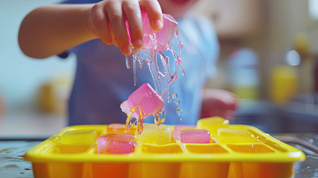 A playful image of a child filling a fun-shaped ice cube tray with juice, with a splash of color and joy, capturing the excitement of helping in the kitchen.の素材