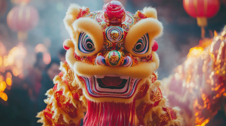 A vibrant lion dance performance showcasing the colorful lion costume in motion, with performers skillfully coordinating their movements against a festive backdrop.の素材
