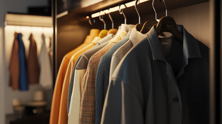 Casual shirts, jackets, and coats arranged on hangers in an open wardrobe, with a stylish, contemporary bedroom setting in the background.の素材