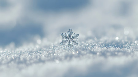 A single, perfectly formed snowflake resting on the surface of fresh snow, with its tiny, detailed structure clearly visible.の素材