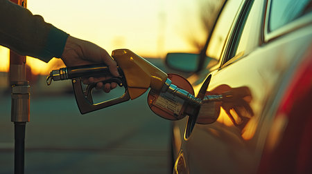 A serene image of a hand gently placing a petrol gun back on the pump after refueling, with a well-maintained car in the foreground, showcasing care for vehicles.の素材