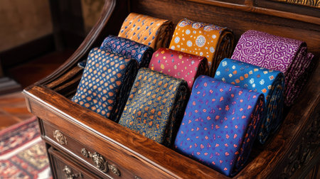A selection of men's ties and pocket squares in various patterns and colors, arranged on a luxury wooden display table.の素材