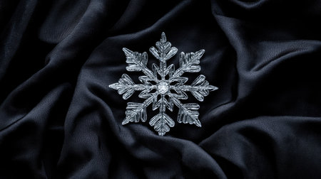 A single natural snowflake, isolated and perfectly symmetrical, resting on a piece of black fabric, highlighting its intricate beauty.の素材