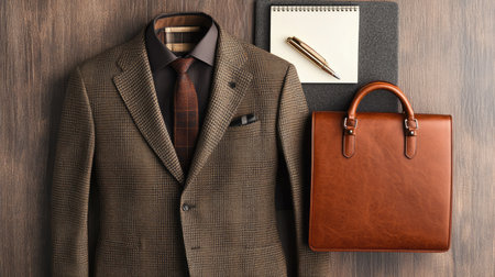 A stylish flat lay of men's office essentials a tailored blazer, leather briefcase, notebook, and pen, ready for a productive workday.の素材