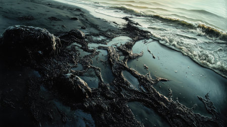 A shoreline drenched in oil after a spill, with dark stains covering the rocks and sand, representing the ecological impact of water pollution.の素材