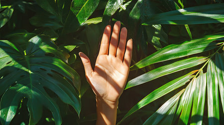 A vibrant outdoor shot of a hand shielding the eyes from bright sunlight, surrounded by lush greenery, illustrating the beauty of nature and the joy of outdoor activities.の素材
