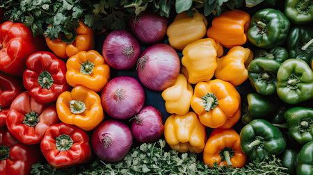 A vibrant flat lay of raw onions, with some chopped into fine pieces, placed alongside colorful bell peppers and fresh herbs.の素材