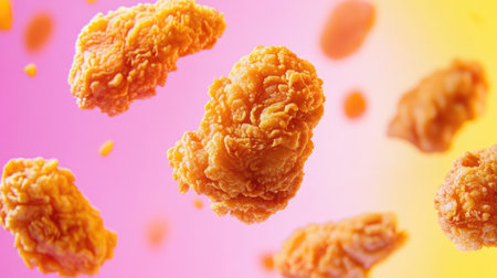 Crispy fried chicken tenders suspended in mid-air, with colorful background gradients of pink and yellow, creating a playful food scene.の素材