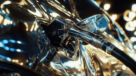 A shot capturing the reflection of a petrol gun in a car's shiny surface, emphasizing the connection between the vehicle and the refueling process.の素材