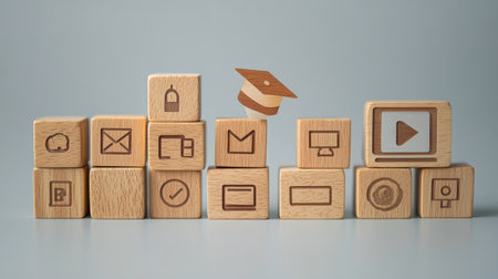 A series of wooden blocks with online education icons like a graduation cap, a laptop, and a video tutorial symbol, arranged against a grey background.の素材