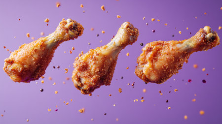 Fried chicken drumsticks spinning in mid-air, against a purple background, with crumbs and pepper flakes creating dynamic motion.の素材