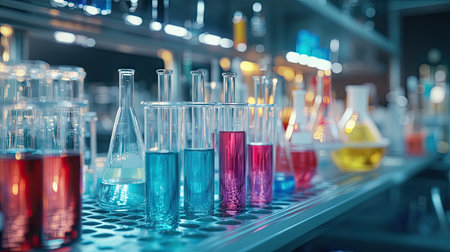 Rows of test tubes filled with colorful liquids placed in a rack, with various other laboratory glassware such as pipettes and beakers in the background.の素材