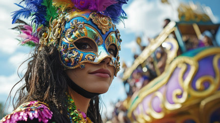 A whimsical image of a person wearing a flamboyant Mardi Gras mask standing in front of a beautifully decorated float, embodying the festive atmosphere of the parade.の素材